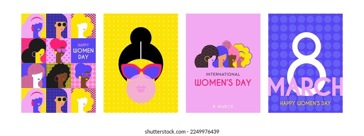 women's day greeting cards and posters. Happy women's day with women of different ethnicities and cultures stand side by side together with flowers around them. girls support 