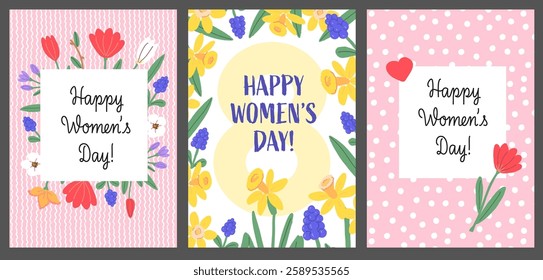 Women's Day Greeting Cards Set with Floral Designs