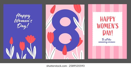  Women's Day Greeting Cards Set with Tulips