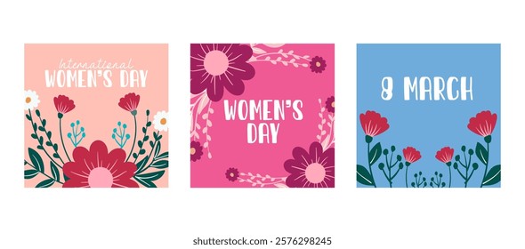 Women's day greeting design set for social media post. March 8, womens day square poster background collection. Womens day bundle, vector illustration