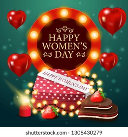 Women's day greeting green card template with gift in the shape of a heart