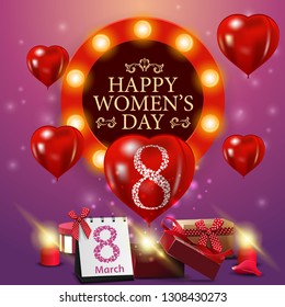 Women's day greeting pink card template with gift and balloon