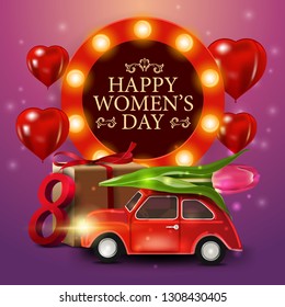 Women's day greeting pink card template with car with Tulip