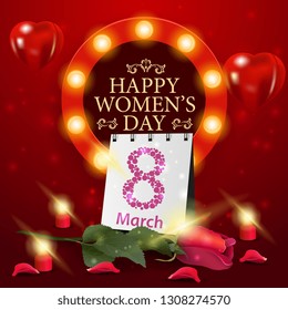 Women's day greeting red card template with rose and calendar