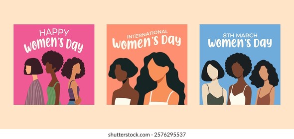 Women's day greeting set for social media post. March 8, womens day square poster background. Womens day set, vector illustration