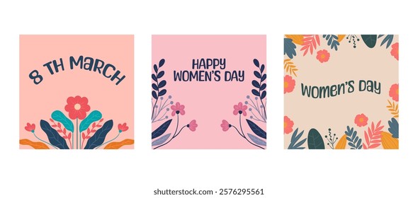 Women's day greeting set for social media post. March 8, womens day square poster background. Womens day set, vector illustration