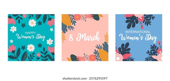 Women's day greeting set for social media post. March 8, womens day square poster background. Womens day set, vector illustration