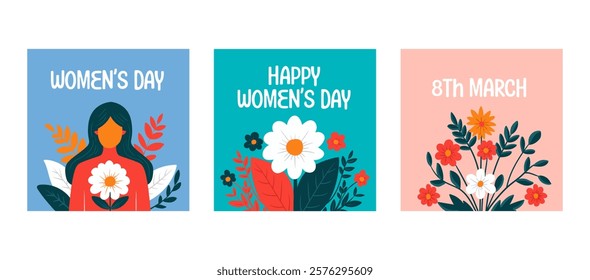 Women's day greeting set for social media post. March 8, womens day square poster background. Womens day set, vector illustration