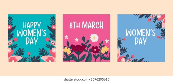 Women's day greeting set for social media post. March 8, womens day square poster background. Womens day set, vector illustration