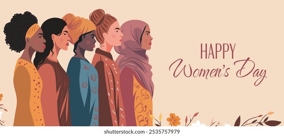 Women's day. Women's group, girls of different cultures and skin colors. Feminism. Movements for gender equality and women's empowerment. Vector banner.