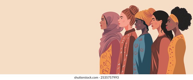 Women's day. Women's group girls of different cultures and skin colors. Feminism. Movements for gender equality and women's empowerment. Vector banner with space for text