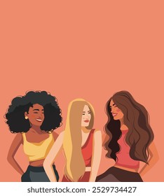 Women's day. Women's group of happy smiling women. Girls of different cultures and skin colors. Feminism. Movements for gender equality and women's empowerment. Vector banner with space for text 