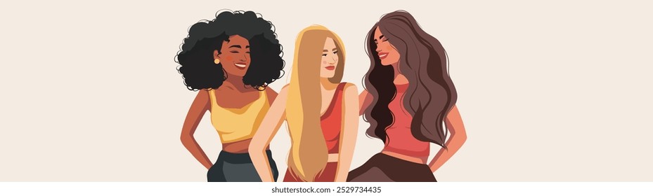 Women's day. Women's group of happy smiling women. Girls of different cultures and skin colors. Feminism. Movements for gender equality and women's empowerment. Vector banner with space for text