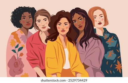 Women's day. Women's group, stylish fashion women. Happy women, girls of different culture and skin color. Feminism. Movements for gender equality and women's empowerment. 