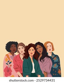 Dia da Mulher. Grupo de mulheres, mulheres de moda elegantes. Mulheres, meninas de cultura e cor de pele diferentes. Feminismo. Movimentos em prol da igualdade de gênero e do empoderamento das mulheres. Banner de vetor com espaço para texto 