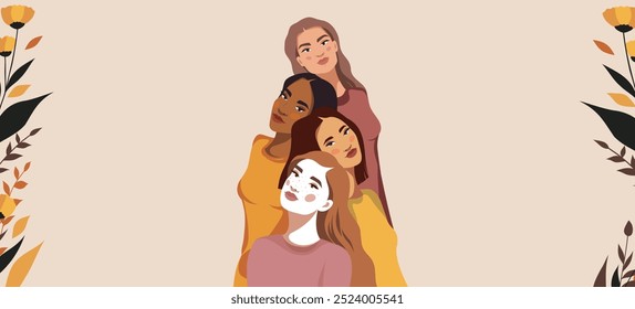 Women's Day. A group of women of different skin colors and ethnicities pose in front of flowers. Feminism. Space for ad copy, website, postcard. Movements for gender equality and women's empowerment