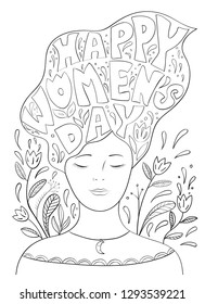 Women's Day Hand Drawn Vector Illustration with doodle girl with lettering in her hair and flowers.