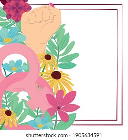 womens day hand raised gender female flowers greeting card vector illustration