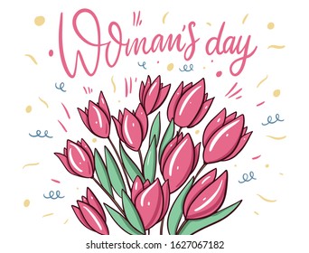 Women's Day handwritten lettering phrase and bouquet of pink tulips.
