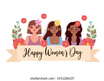 Womens Day handwritten text and girls with flowers celebration card vector illustration