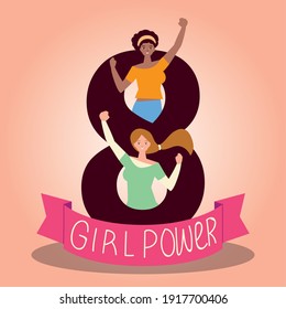 womens day, happy girls in 8 girl power celebration in cartoon style vector illustration
