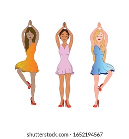 Women's Day. Happy girls or friends dancing and laughing. Vector illustration, template with pretty women for greeting card, poster or flyer.