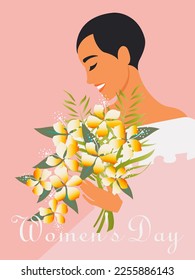 Women's Day. A happy woman with a short haircut holds a bouquet of flowers in her hands. Vertical pink girly poster for the spring holiday March 8. Vector.