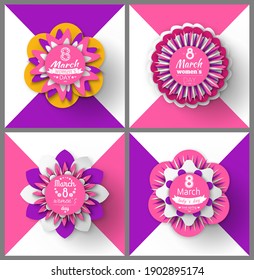 Womens day holiday cards with origami flowers. 8 March paper cut greetings, Japanese handcraft. Vector blossoms, shapes and figures, buds and leaves