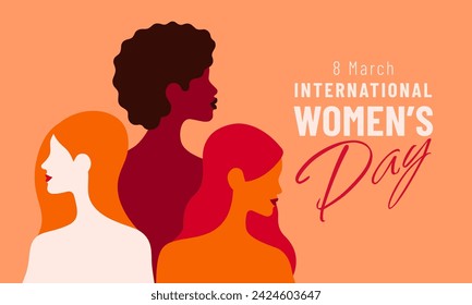 Banner horizontal del Día de la Mujer. Ilustración vectorial en estilo minimalista de moda de tres diversos retratos de mujeres de perfil. Colores cálidos.