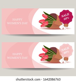 Women's day horizontal  congratulatory banners with bouquet of tulips and sale 50%. Vector illustration 