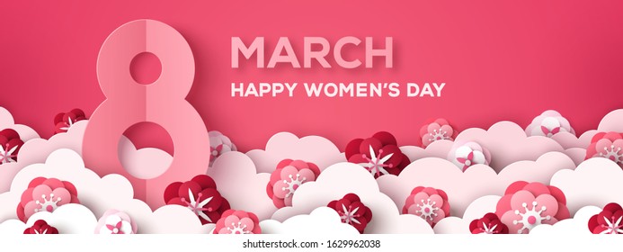 Women's Day horizontal greeting card or banner with eight sign and paper cut clouds and flowers on pink background. Vector illustration. Place for your text.