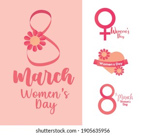 womens day icon collection 8 march text flowers celebration vector illustration