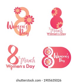 icono del día de la mujer conjunto 8 marchas flores de texto celebración de vector ilustración
