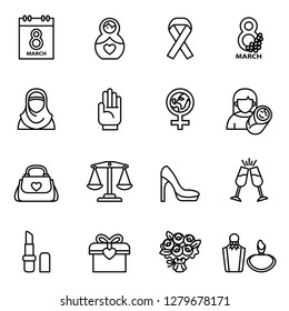 Women's day icon set with white background. Thin Line Style stock vector.