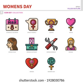 womens day icon set,filled outline style,vector and illustration