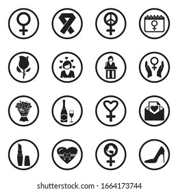 Women's Day Icons. Black Flat Design In Circle. Vector Illustration.