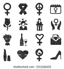 Women's Day Icons. Black Scribble Design. Vector Illustration.