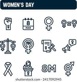 Women's day icons. March 8 vector set. Equal rights, suffrage and justice. Outline icon design.