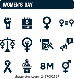 Iconos del día de la mujer. Juego de vectores del 8 de marzo. Igualdad de derechos, sufragio y justicia. Diseño de icono relleno.