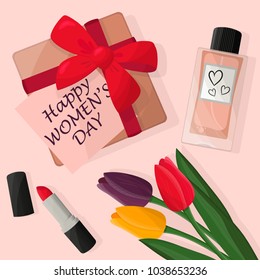 Women's day illustration with a bouquet of tulips, perfume, a lipstick, a gift box  with a red bow and a greeting card.