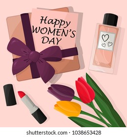 Women's day illustration with a bouquet of tulips, perfume, a lipstick, a gift box  with a purple bow and a greeting card.