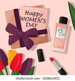 Women's day illustration with a bouquet of tulips, perfume, a lipstick, a gift box  with a purple bow and a greeting card.