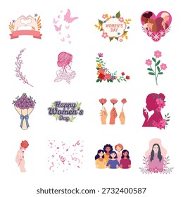 Kit de ilustración del Día de la Mujer. Vector diverso grupo femenino y Elementos florales para el 8 de marzo diseño de tarjetas de felicitación de vacaciones