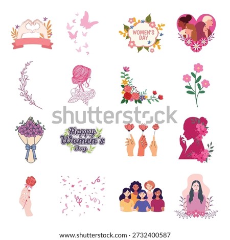 Women's Day illustration kit. Vector diverse female group and floral elements for March 8 holiday greeting card design
