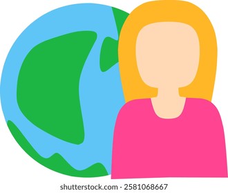 Women's Day illustration, long-haired woman with green-blue earth background.