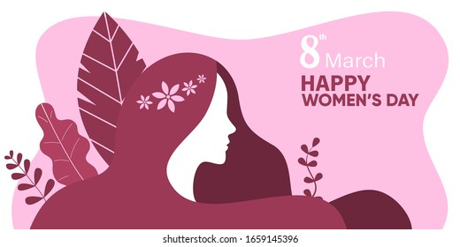 Women's day illustration or poster, female character silhouette in front of plant background