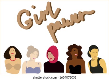 Women's day illustration vector postcard. National Day of  Women. A group of women of different nationalities. Women group team character portrait face and hair. An illustration of a chic party