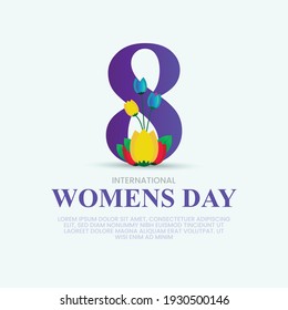 Women's Day. International Women's Day. 8th march happy woman's day greeting card with flowers on digit 8. happy women's day greeting card on cyan background with purple text. 