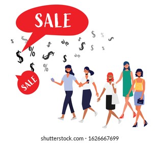Women's day international event.Young Women People Characters for shopping. Sale promotional background.