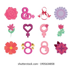 womens day international movement eight march flowers icons set vector illustration